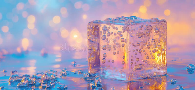 Ice cube with bubbles illuminated by colorful lights in a dreamy background, copy space for text royalty free stock image
