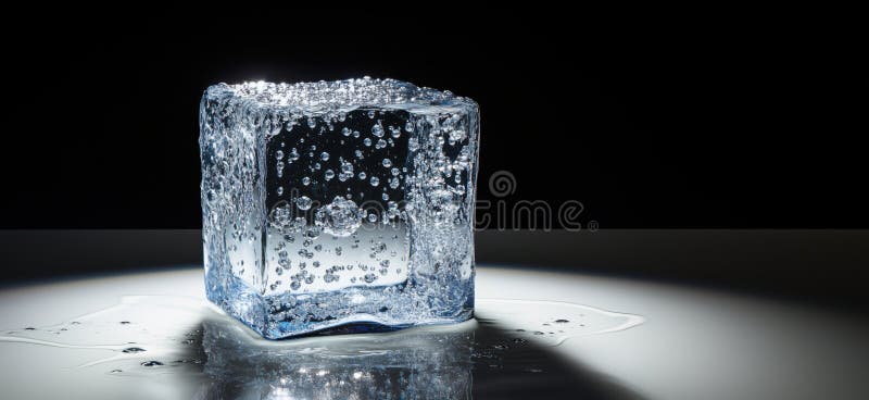 Ice cube with bubbles and water droplets, illuminated from above. Clear ice block, reflections, condensation, water royalty free stock image
