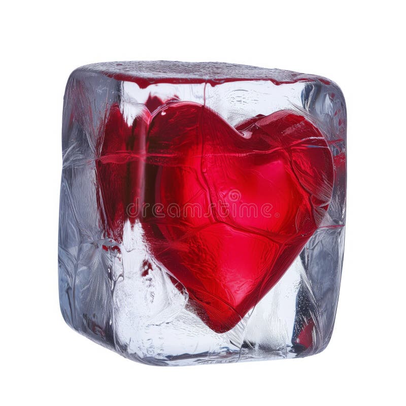 A red heart frozen inside an ice cube. An ice cube encapsulates a red heart, creating a visually striking and symbolic image where the frozen state symbolizes emotions held in place.