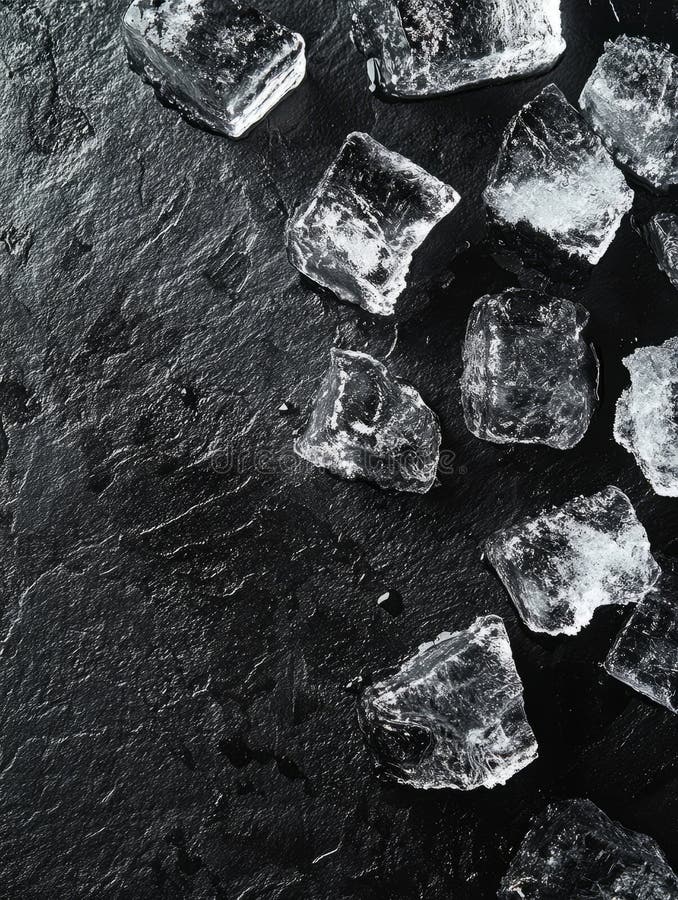 Ice cubes on a dark textured slate background. stock photo
