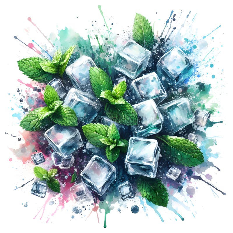 Ice cubes and mint leaves exploding with colorful splashes. Ice cubes and mint leaves exploding over a colorful watercolor splash creating a refreshing summer image