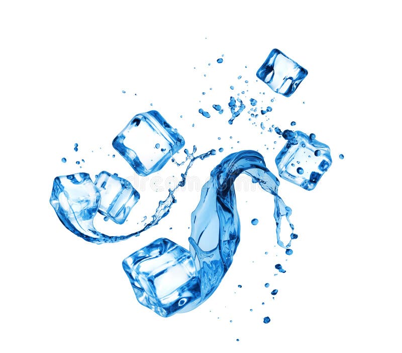 Ice cubes with splashes of water, isolated on white background