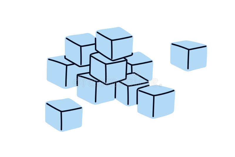 Ice cubes in stack. Frozen water blocks in pile, heap. Icy blocks for cool cold drinks. Clear crystal icecubes, square royalty free illustration