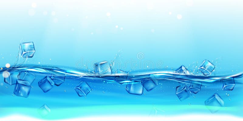 Ice cubes floating water with splashes and drops.