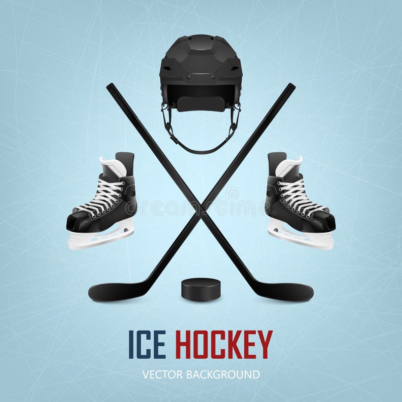 Ice hockey helmet, puck, sticks and skates. vector illustration Ice hockey helmet, puck, sticks and skates. vector illustration