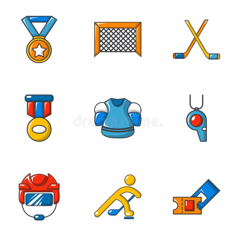 Ice hockey icons set, cartoon style