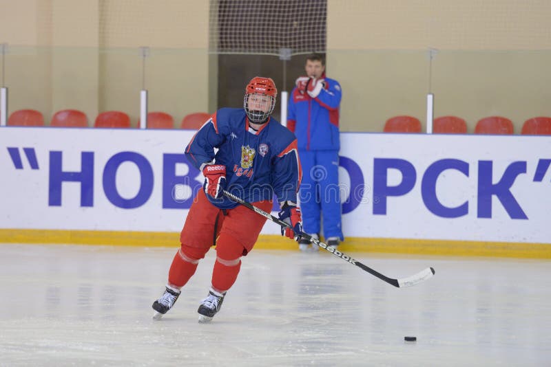 NOVOGORSK, RUSSIA - APRIL 12: Players of men's national junior ice hokey team during open training in Novogorsk training center, Moscow region, Russia on April 12, 2013. NOVOGORSK, RUSSIA - APRIL 12: Players of men's national junior ice hokey team during open training in Novogorsk training center, Moscow region, Russia on April 12, 2013