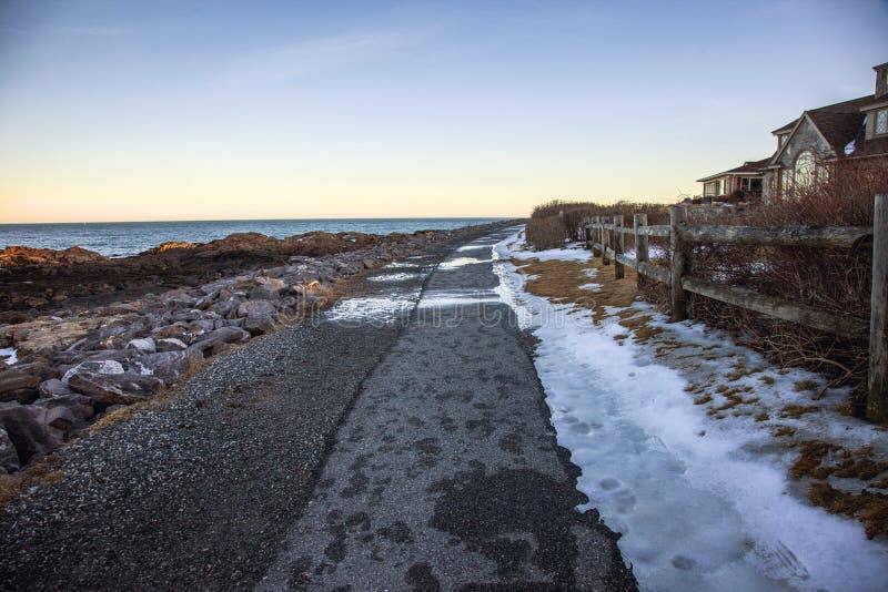 Ice on Marginal Way in Ogunquit in Maine in Winter Stock Photo Image