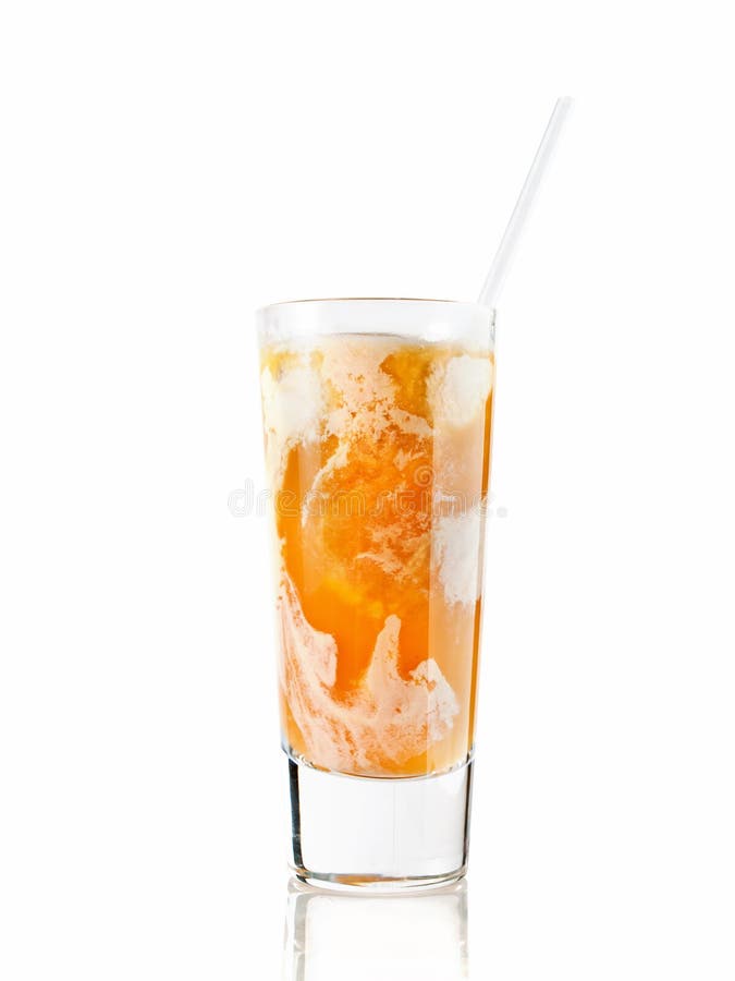 Cocktail of peach nectar and ice cream isolated on white. Cocktail of peach nectar and ice cream isolated on white