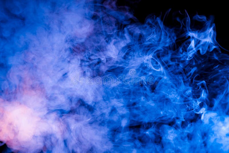 Ice pattern of a rising pair of blue exhaled vape neon blue on a black background with curly streams of white smoke