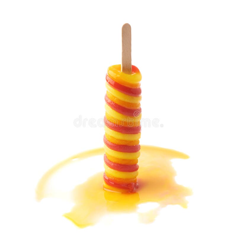 Colorful, twisted frozen fruit juice ice pop popsicle snack on a wooden stick shot in a process of melting down, composition isolated over the white background. Colorful, twisted frozen fruit juice ice pop popsicle snack on a wooden stick shot in a process of melting down, composition isolated over the white background