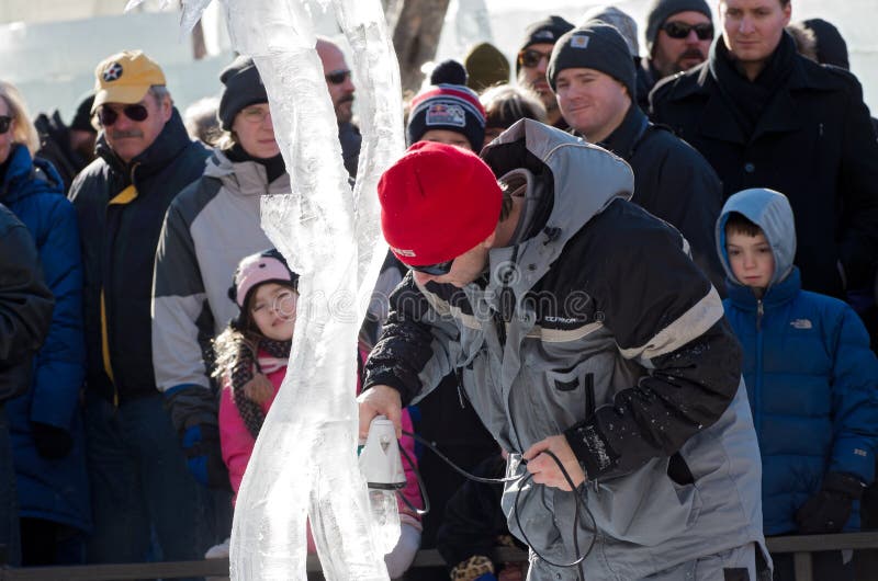 Ice Sculptor and Crowd at Winter Carnival