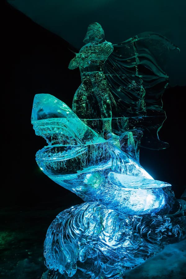 Ice Sculpture of Shark and Man on it in Festival in Jelgava, Latvia in ...