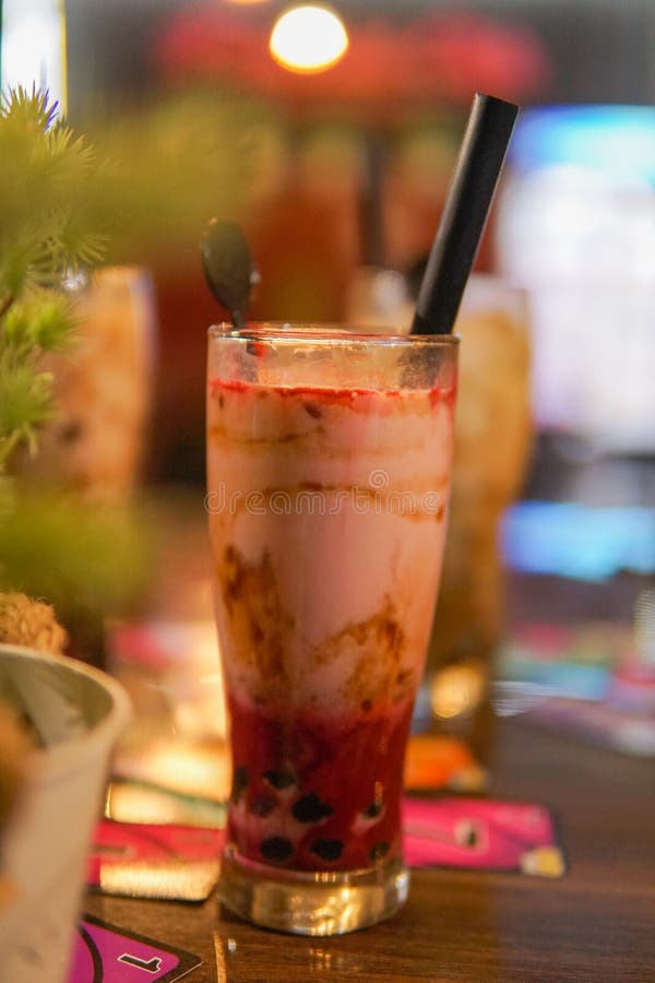 Ice Strawberry Boba with Straw and Spoon Stock Image Image of