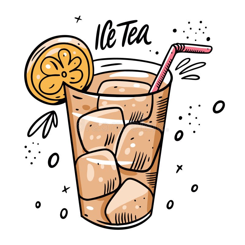 Ice tea with lemon and ice cube. Cartoon style vector illustration. Isolated on white background.