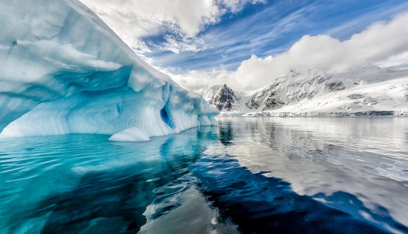 Glaciar flota en bahía sobre el países, Antártida en extrano amanecer durante primavera.