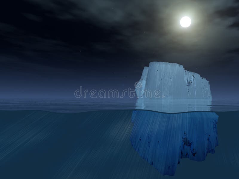 Iceberg above and below at night. Iceberg above and below at night