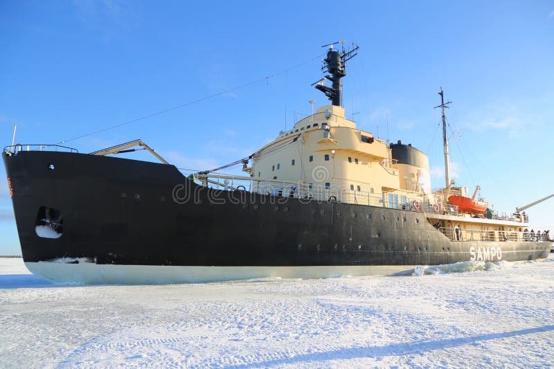 Icebreaker Sampo during unique cruise in frozen Baltic Sea royalty free stock photos Icebreaker Sampo during unique cruise in frozen Baltic Sea royalty free stock photos