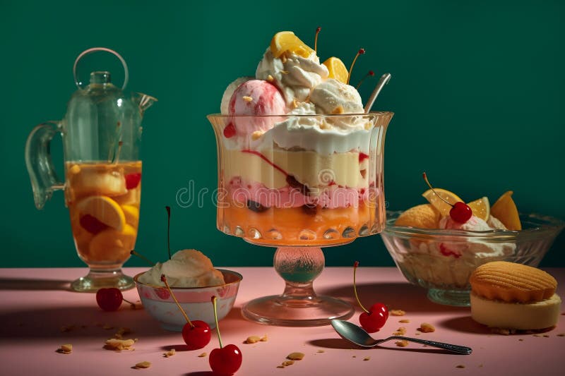 ice cream sundae fruity strawberry dessert summer colorful topping retro style