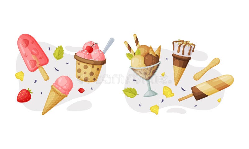 Icecream как сладкий замороженный десерт питания и снек вектор состава бесплатная иллюстрация
