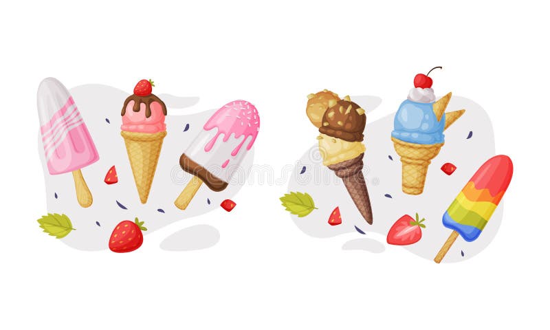 Icecream как сладкозамороженная пища для десерта и набор векторов закусок иллюстрация вектора