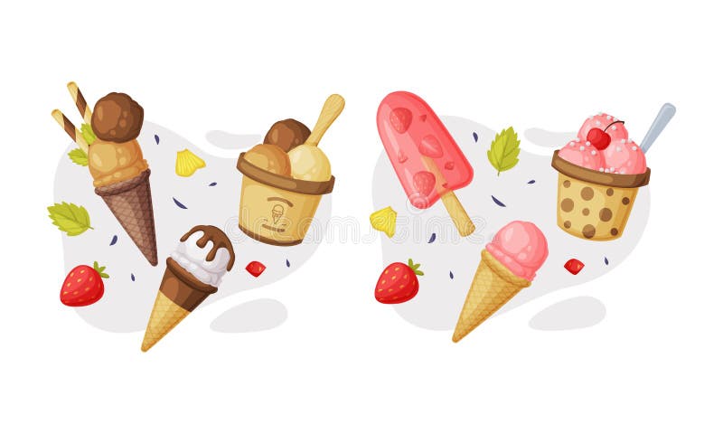 Icecream как сладкозамороженная пища для десерта и набор векторов закусок иллюстрация штока
