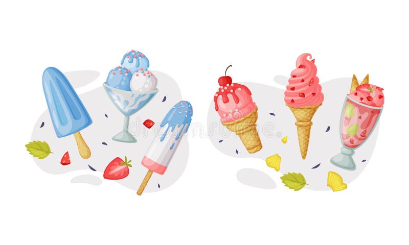 Icecream как сладкозамороженная пища для десерта и набор векторов закусок иллюстрация штока