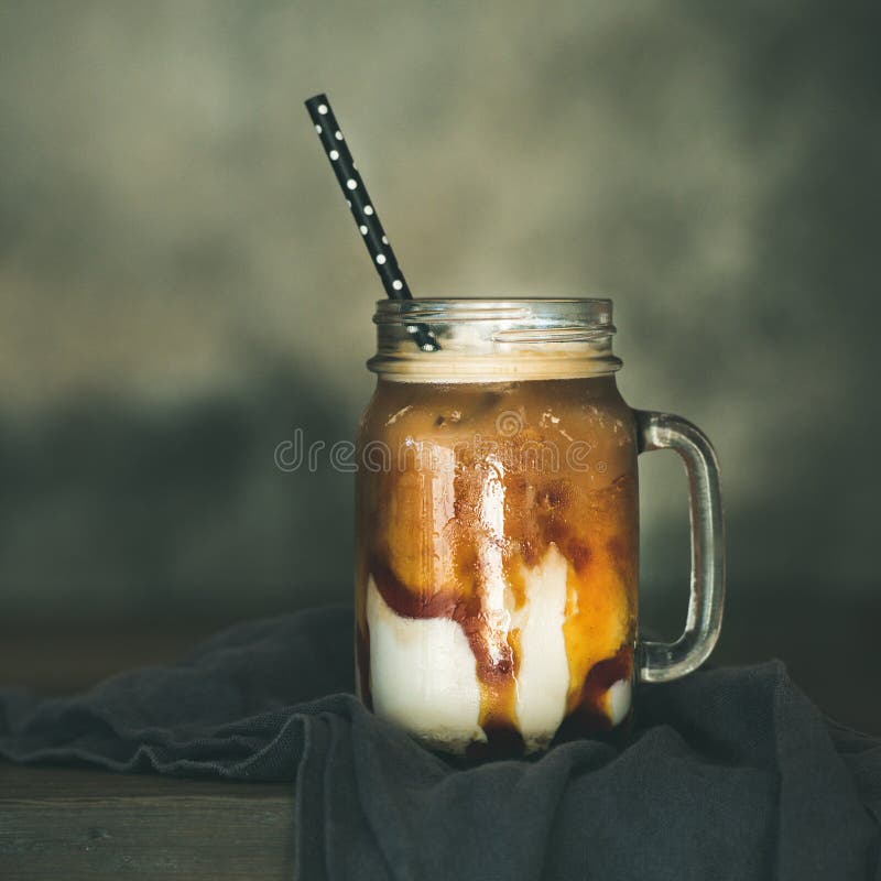 Iced Caramel Macciato with Milk in Glass Jar, Square Crop Stock Photo ...