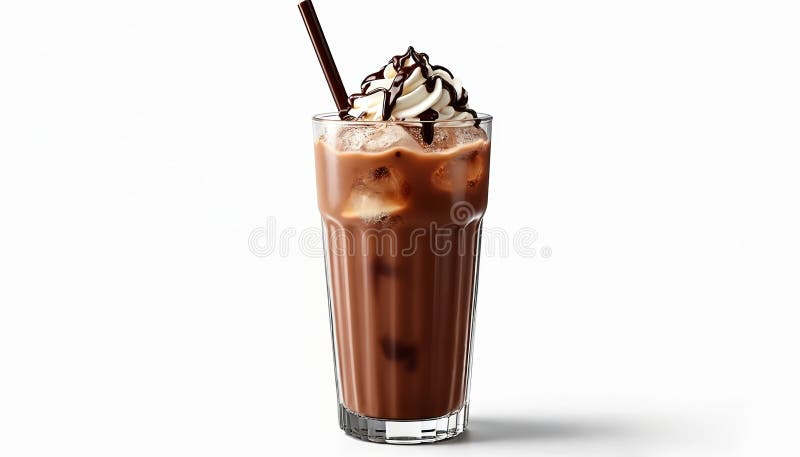 Iced chocolate drink with whipped cream, chocolate syrup. Fresh sweet cocoa beverage in glass. Cold summer drink with ice cubes. stock photos
