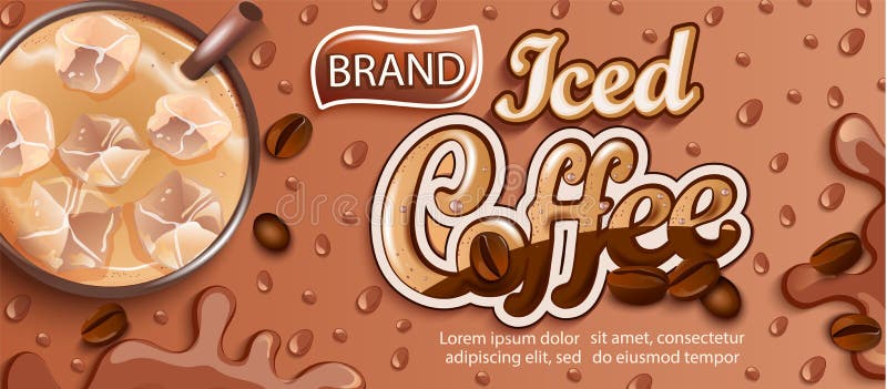 Iced coffee banner with splashing drink, ice cubes and cinnamon, coffee beans and apteitic drops for brand, logo, template, label, emblem,store and packaging,advertising, poster.Top view,vector. Iced coffee banner with splashing drink, ice cubes and cinnamon, coffee beans and apteitic drops for brand, logo, template, label, emblem,store and packaging,advertising, poster.Top view,vector