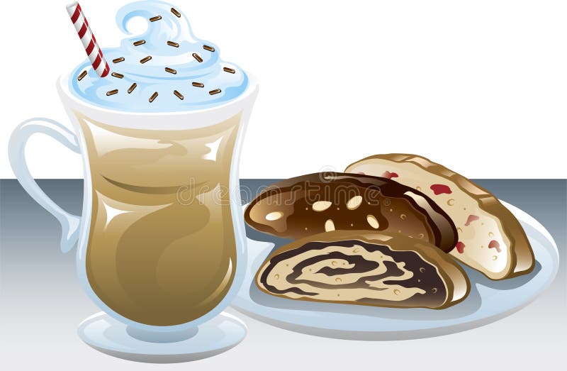 Illustration of an iced coffee and a plate of different biscotti. Illustration of an iced coffee and a plate of different biscotti.