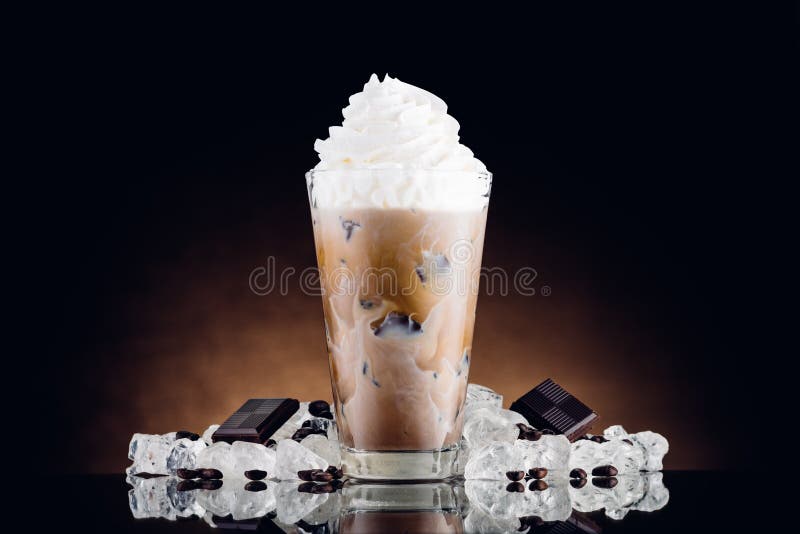 Iced coffee in glass and crushed ice