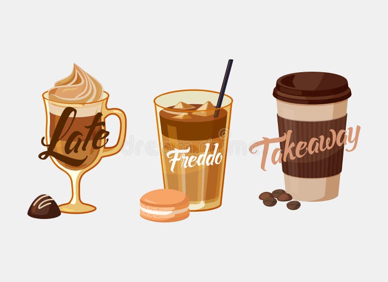 Iced coffee latte or mocha with chocolate and freddo in kyoto style with cake, greek frappe. Coffee plastic cup sleeve with bean or grain with takeaway text. For coffeeshop banner and restaurant logo. Iced coffee latte or mocha with chocolate and freddo in kyoto style with cake, greek frappe. Coffee plastic cup sleeve with bean or grain with takeaway text. For coffeeshop banner and restaurant logo