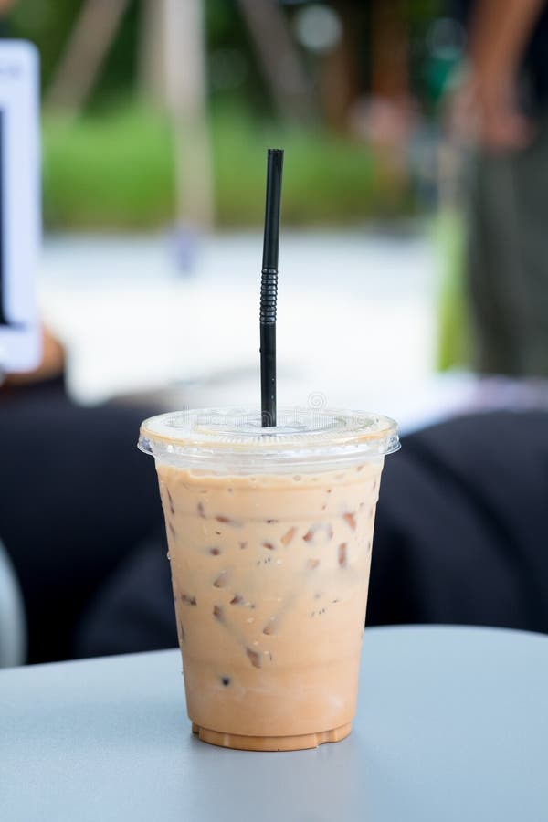 Ice Coffee In Plastic Take Away Cup.Outdoor Cafe.summer Drinking Stock