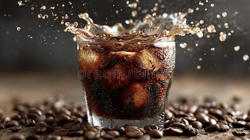 Iced coffee splashing in a glass with coffee beans stock images