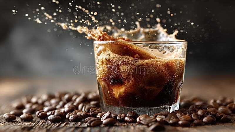 Iced coffee splashing in glass with coffee beans on rustic wooden table stock photos