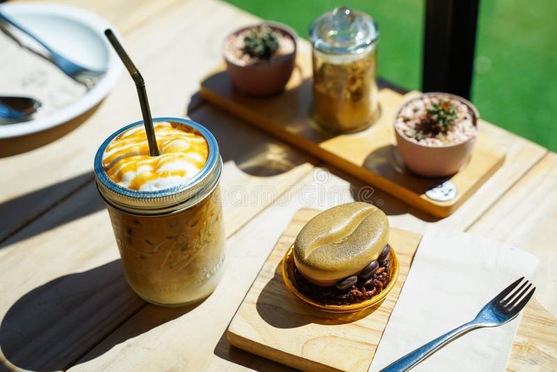 Iced Coffee With Sweet Cake In Cafe Stock Image Image of caramel