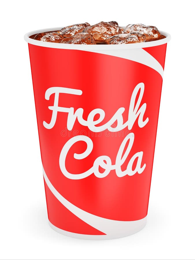 Iced cola in red takeaway cup. Fresh cold brown soda beverage with ice cubes in paper glass isolated on white background. 3D illustration