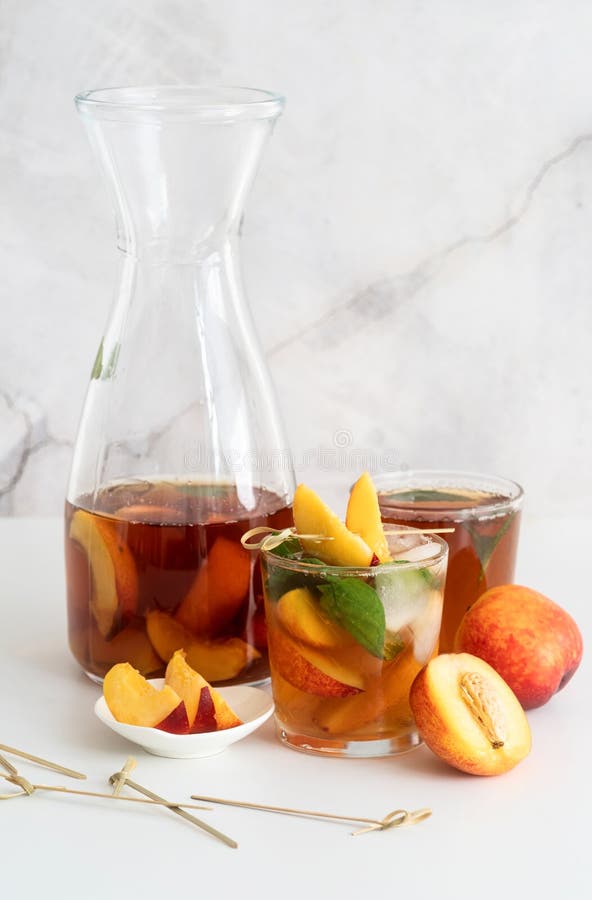 Iced Cold Peach Tea with Fruit Slices and Mint Stock Image Image of