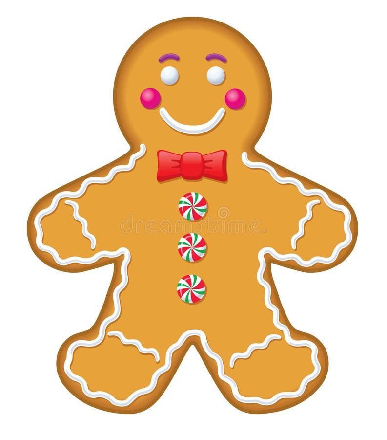 Illustration of an iced gingerbread man cookie with a red bow tie and mint buttons.