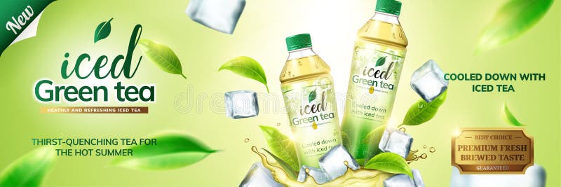 Iced green tea ads with bottles on ice cubs and leaves flying around them, 3d illustration on green background