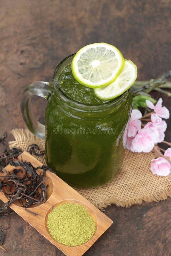 Iced Green Tea with Lemon and Matcha Tea Powder. Stock Image Image of