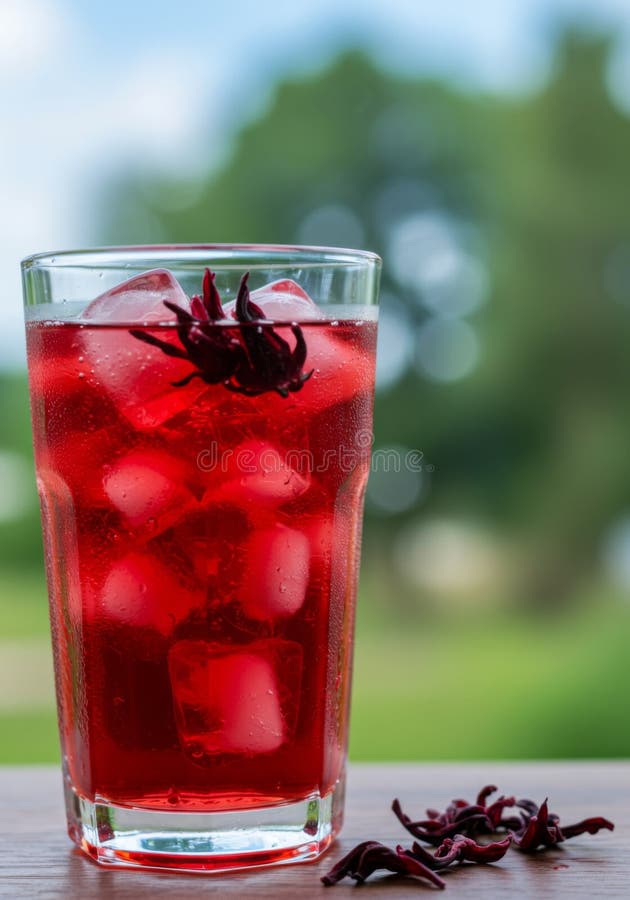 Iced Hibiscus Tea in Glass on Wooden Table stock illustrationer