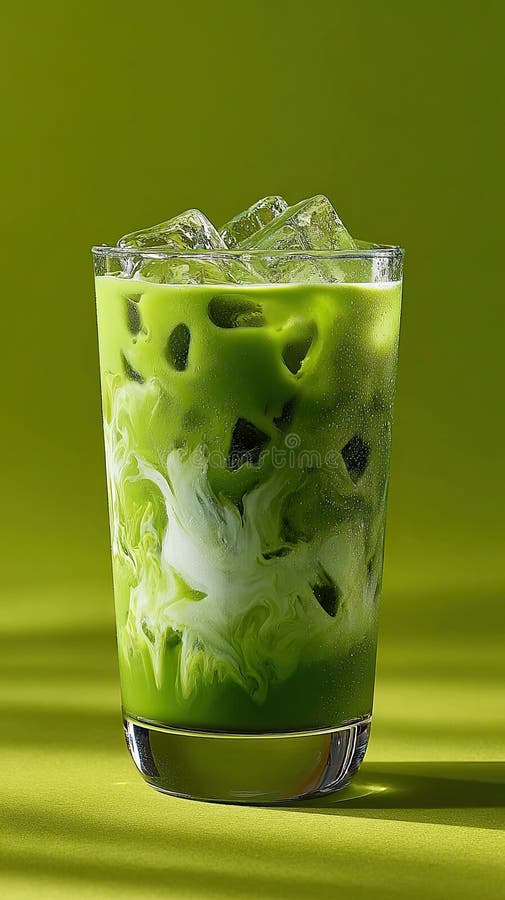 Iced matcha latte in a glass of with ice cubes and green background the is filled liquid likely tea has floating on top solid ilustração do vetor