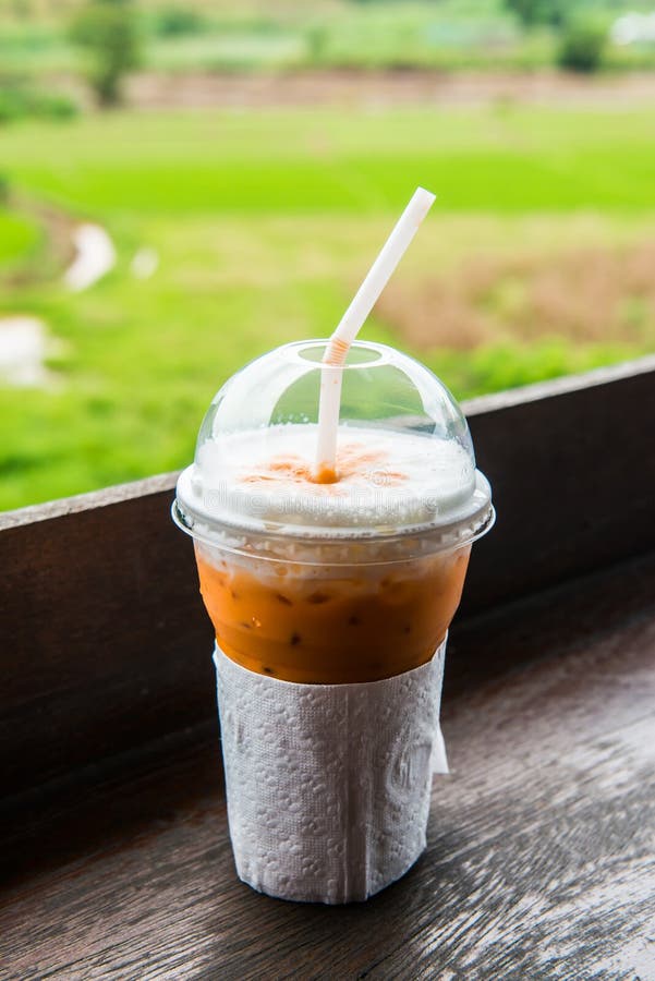 Iced Milk Tea in Plastic Glass with Natural View Stock Photo Image of