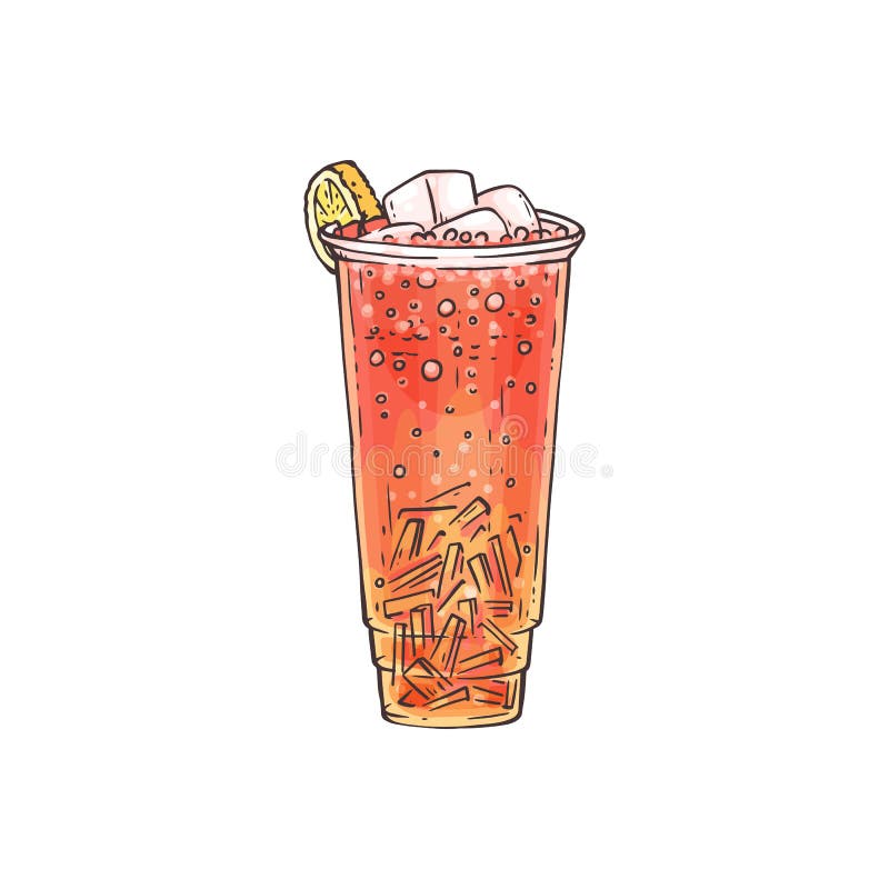 Iced tea drink with ice cubes and lemon slice topping - hand drawn cold summer cocktail in tall plastic cup isolated on white background - vector illustration.