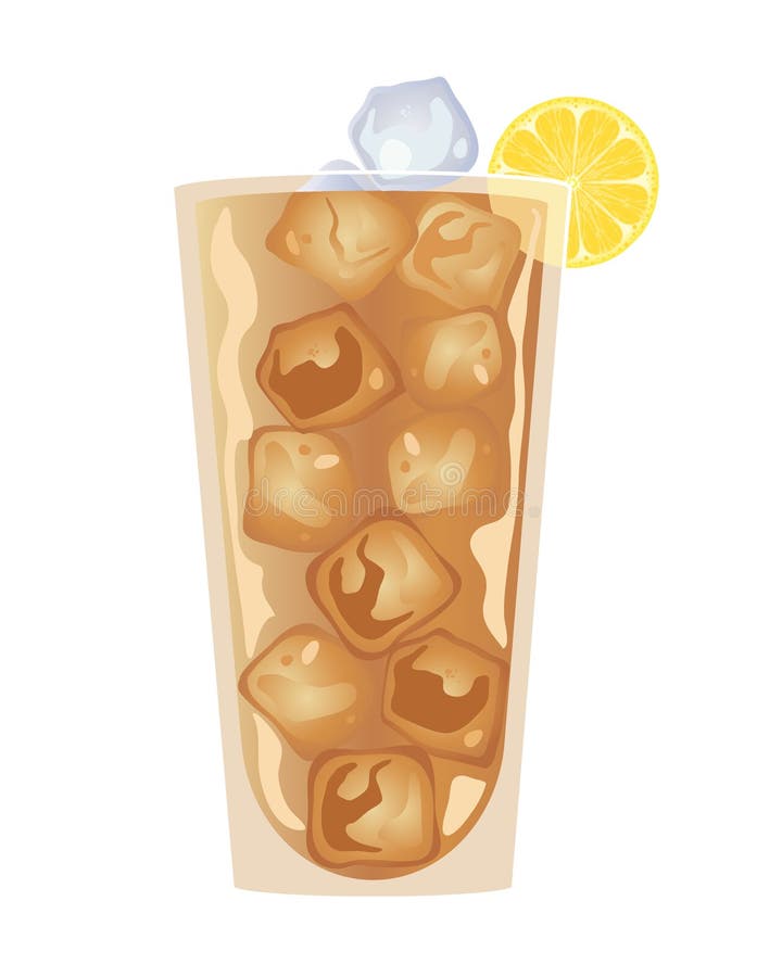 An illustration of a cool glass of iced tea stacked full of ice cubes with a lemon slice isolated on a white background