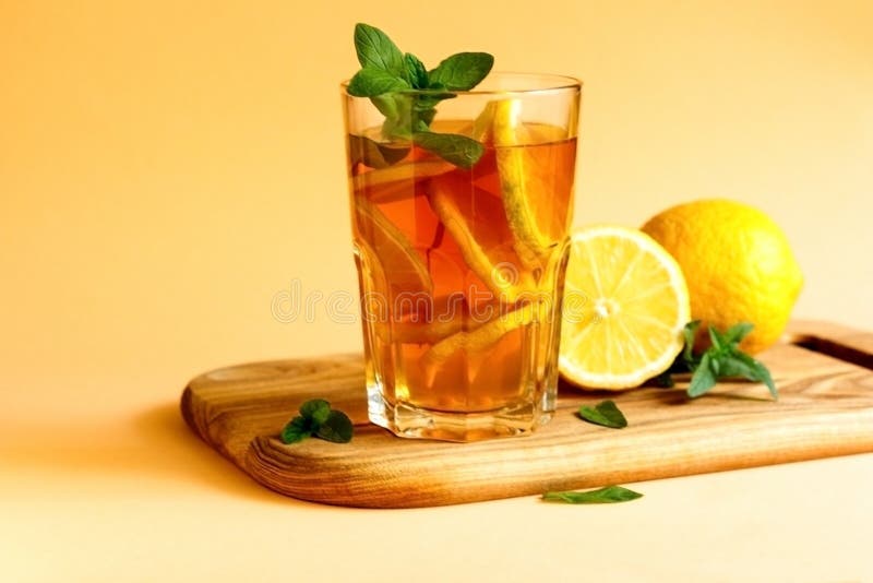 Iced Tea with Lemon and Mint on Yellow Background. Stock Photo Image