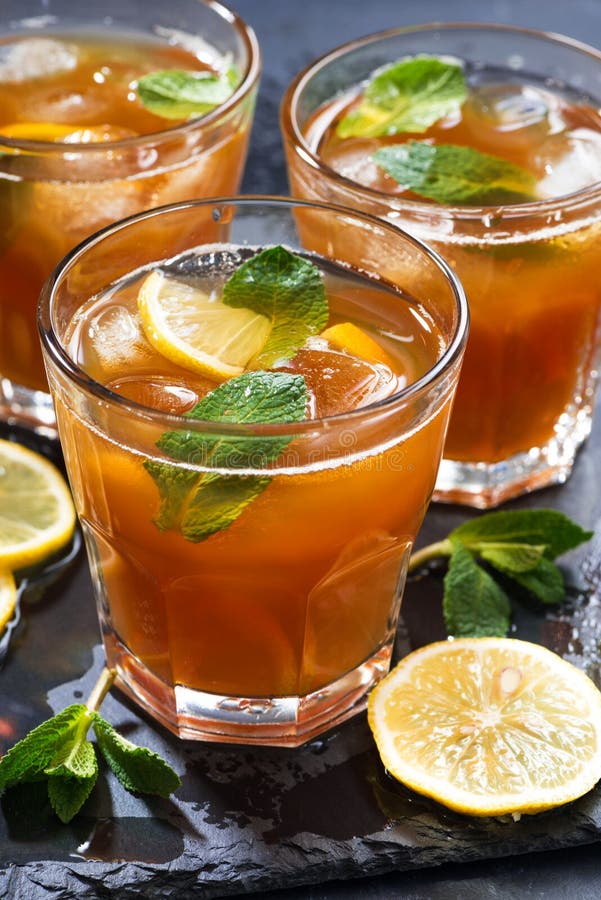 Iced Tea with Mint and Lemon in Glasses on Dark Background Stock Photo Image of cool, healthy