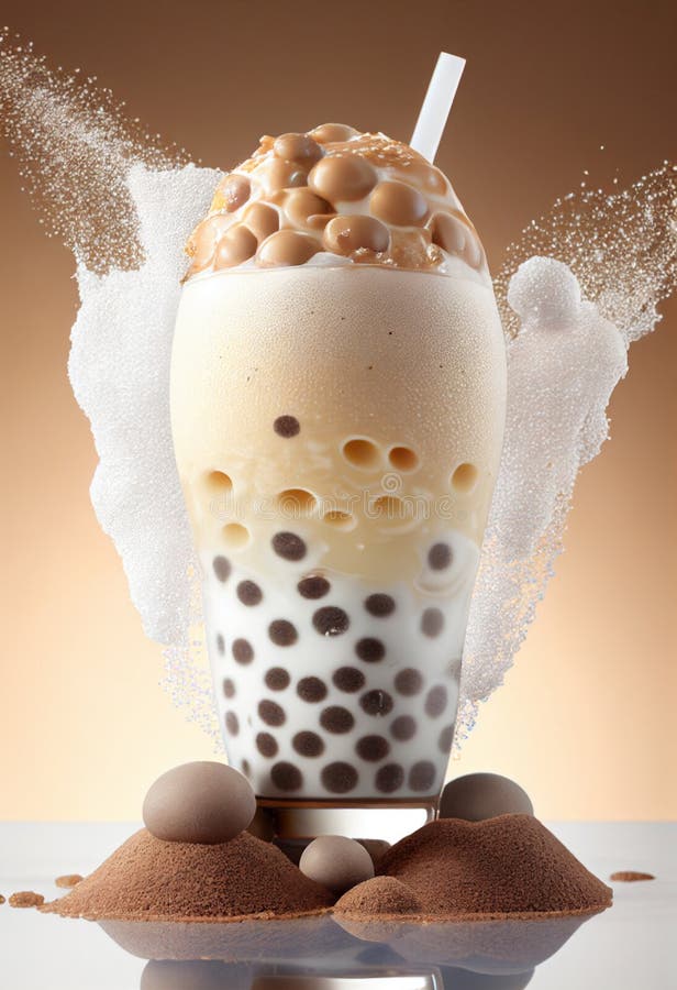 Iced Tea with Tapioca and Chocolate Pieces and Falling Pieces of Ice